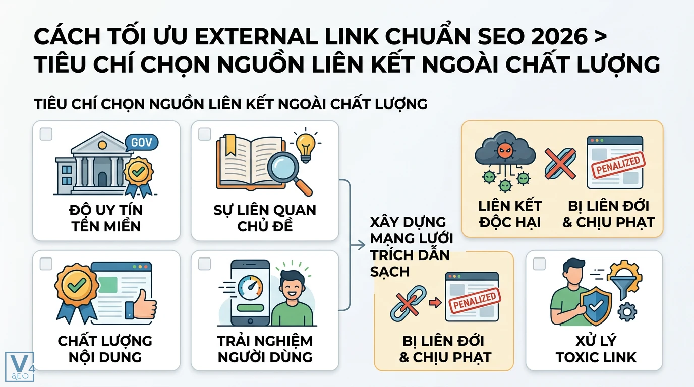 External link là gì? Hướng dẫn tối ưu liên kết ngoài chuẩn SEO 2026 2 Tiêu chí chọn nguồn liên kết ngoài uy tín, liên quan chủ đề nhằm xây dựng mạng lưới trích dẫn sạch và quy trình xử lý toxic link chuẩn SEO