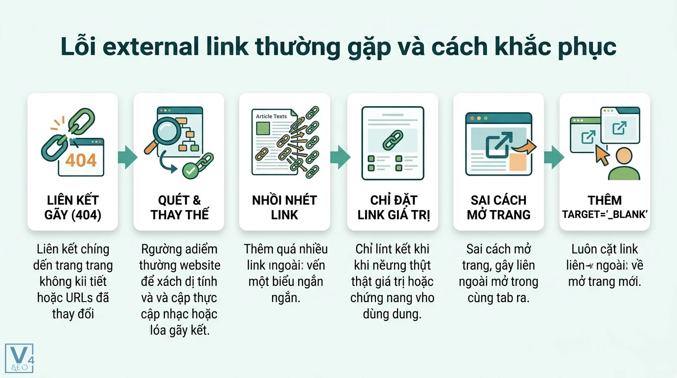 External link là gì? Hướng dẫn tối ưu liên kết ngoài chuẩn SEO 2026 3 Lỗi external link thường gặp và cách khắc phục qua việc xử lý liên kết gãy 404, chọn lọc link giá trị và thêm thuộc tính target=_blank