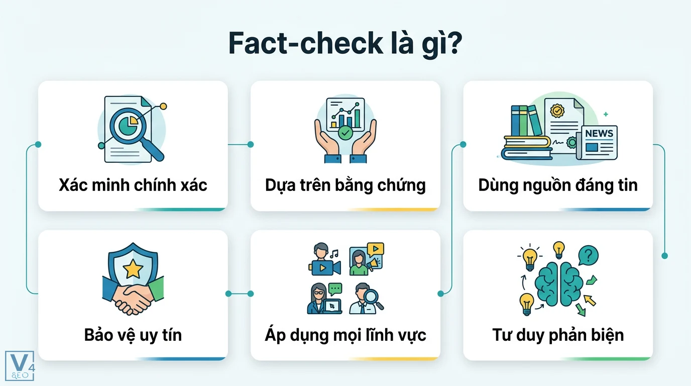 Fact-check là gì? Cách kiểm chứng sự thật và nhận diện tin giả 1 Fact-check là xác minh thông tin dựa trên bằng chứng và nguồn đáng tin cậy giúp bảo vệ uy tín và tư duy phản biện trong mọi lĩnh vực