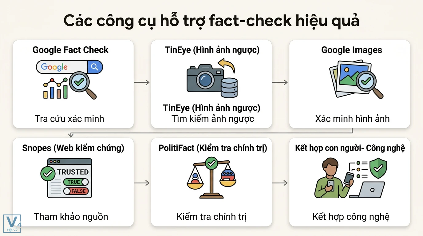 Fact-check là gì? Cách kiểm chứng sự thật và nhận diện tin giả 3 Các công cụ hỗ trợ fact-check như Google Fact Check, TinEye, Snopes và PolitiFact giúp xác minh tin đồn, tìm kiếm ngược và dữ liệu chính trị
