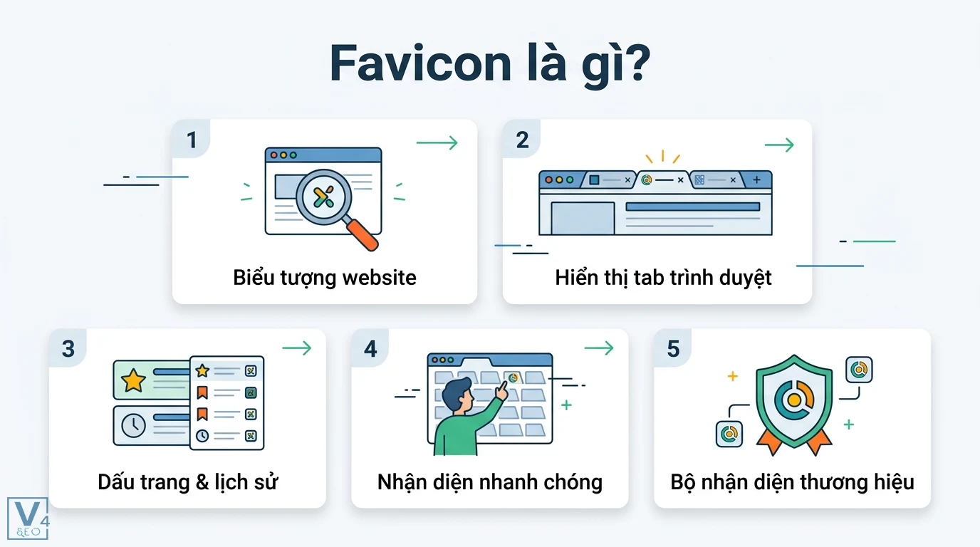 Favicon là gì? Hướng dẫn tạo và cài đặt chuẩn kỹ thuật mới nhất 1 Favicon là biểu tượng website hiển thị trên tab trình duyệt, dấu trang và lịch sử giúp nhận diện thương hiệu nhanh chóng và dễ dàng