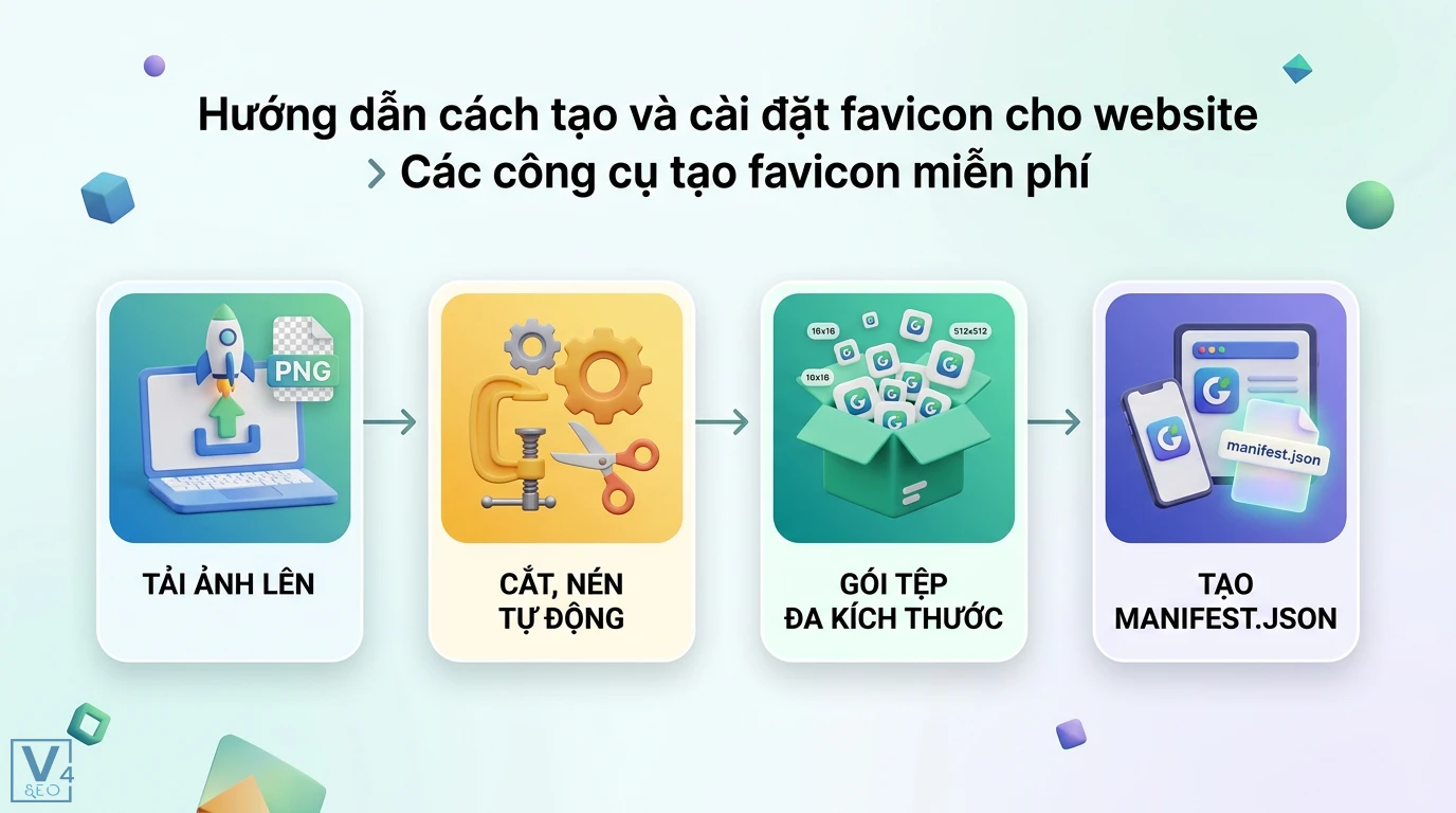Favicon là gì? Hướng dẫn tạo và cài đặt chuẩn kỹ thuật mới nhất 2 Quy trình tạo favicon cho website qua các bước tải ảnh PNG lên, cắt nén tự động, xuất gói tệp đa kích thước và tạo tệp manifest.json