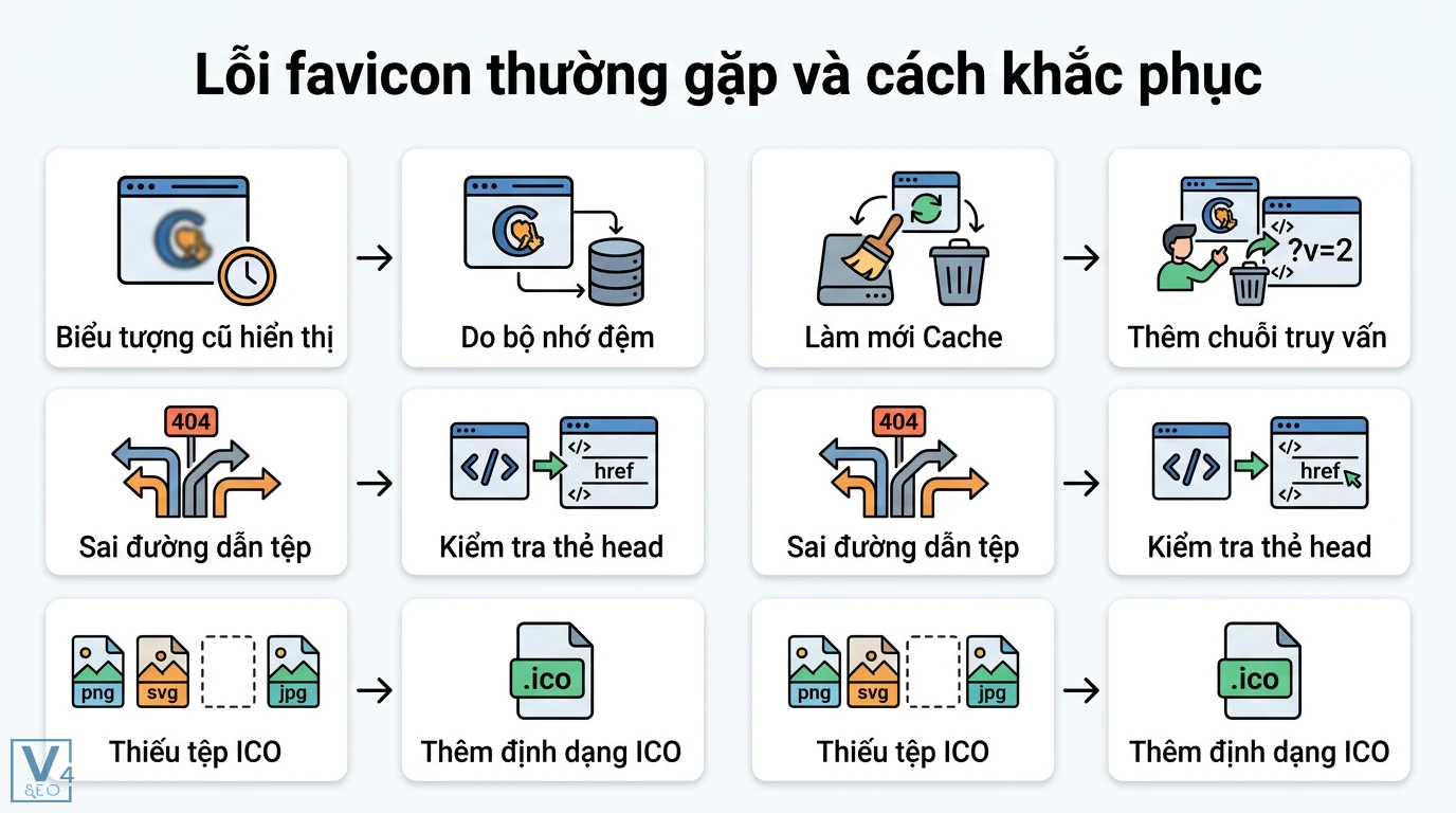 Favicon là gì? Hướng dẫn tạo và cài đặt chuẩn kỹ thuật mới nhất 3 Khắc phục lỗi favicon do bộ nhớ đệm, sai đường dẫn 404 và thiếu tệp ICO bằng cách làm mới cache, thêm chuỗi truy vấn hoặc kiểm tra thẻ head