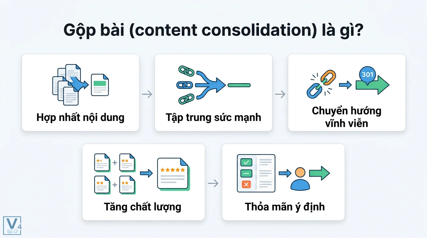 Gộp bài (consolidation) là gì? Quy trình gộp bài chuẩn dựa trên dữ liệu 1 Gộp bài content consolidation hợp nhất nội dung, tập trung link equity và chuyển hướng 301 nhằm tăng chất lượng, thỏa mãn ý định tìm kiếm