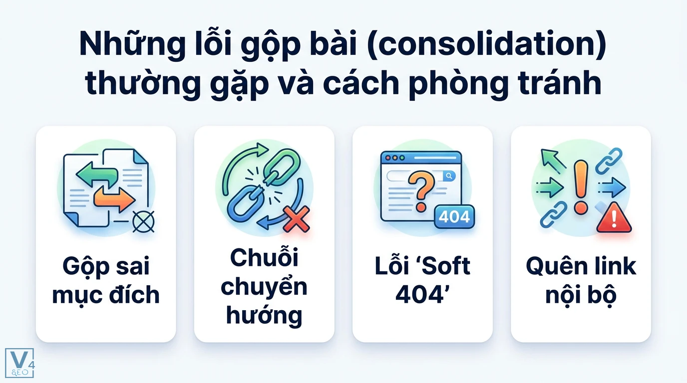 Gộp bài (consolidation) là gì? Quy trình gộp bài chuẩn dựa trên dữ liệu 3 Lỗi gộp bài consolidation thường gặp như gộp sai mục đích, chuỗi chuyển hướng, lỗi soft 404 và quên cập nhật liên kết nội bộ cho website