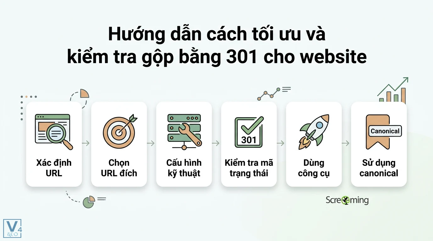 Giải mã gộp bằng 301 là gì: Kỹ thuật SEO hay luật bằng lái mới? 2 Quy trình tối ưu và kiểm tra gộp bằng 301 cho website từ bước xác định URL, cấu hình kỹ thuật đến kiểm tra mã trạng thái và dùng thẻ canonical