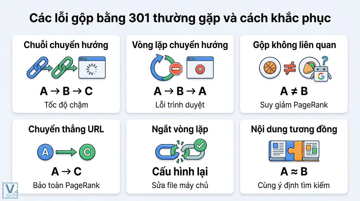 Giải mã gộp bằng 301 là gì: Kỹ thuật SEO hay luật bằng lái mới? 3 Cách khắc phục lỗi 301 như chuỗi chuyển hướng vòng lặp và gộp nội dung không liên quan giúp bảo toàn PageRank và đúng ý định tìm kiếm