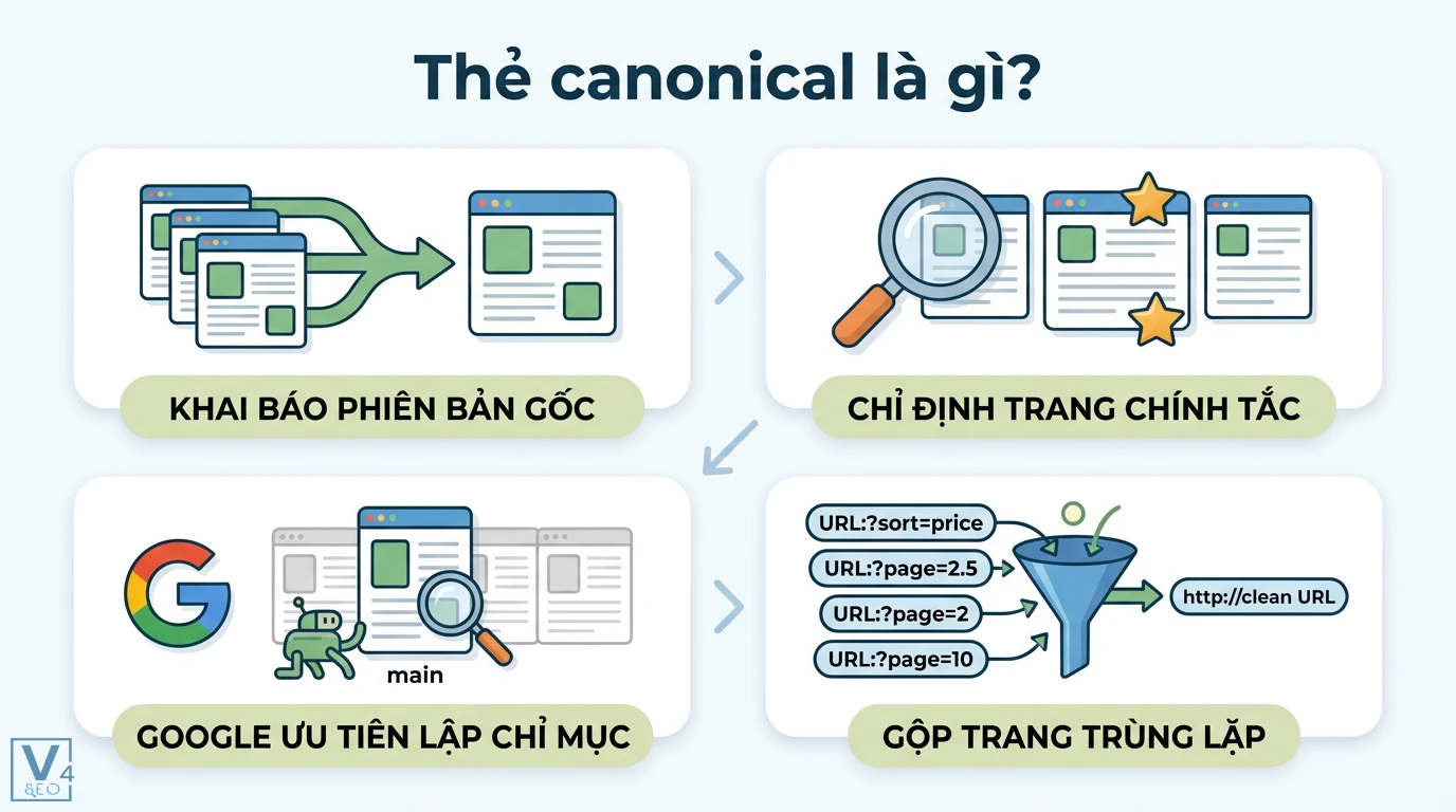 Gộp bằng canonical là gì? Cách dùng Rel Canonical để gộp Link Equity 1 Thẻ canonical khai báo phiên bản gốc và chỉ định trang chính tắc giúp Google ưu tiên lập chỉ mục và gộp các trang trùng lặp từ tham số động