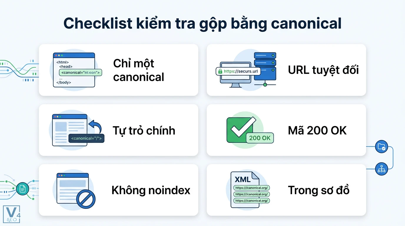 Gộp bằng canonical là gì? Cách dùng Rel Canonical để gộp Link Equity 3 Checklist kiểm tra gộp bằng canonical gồm URL tuyệt đối, tự trỏ chính, mã 200 OK, không noindex và xuất hiện trong XML sitemap để tối ưu SEO