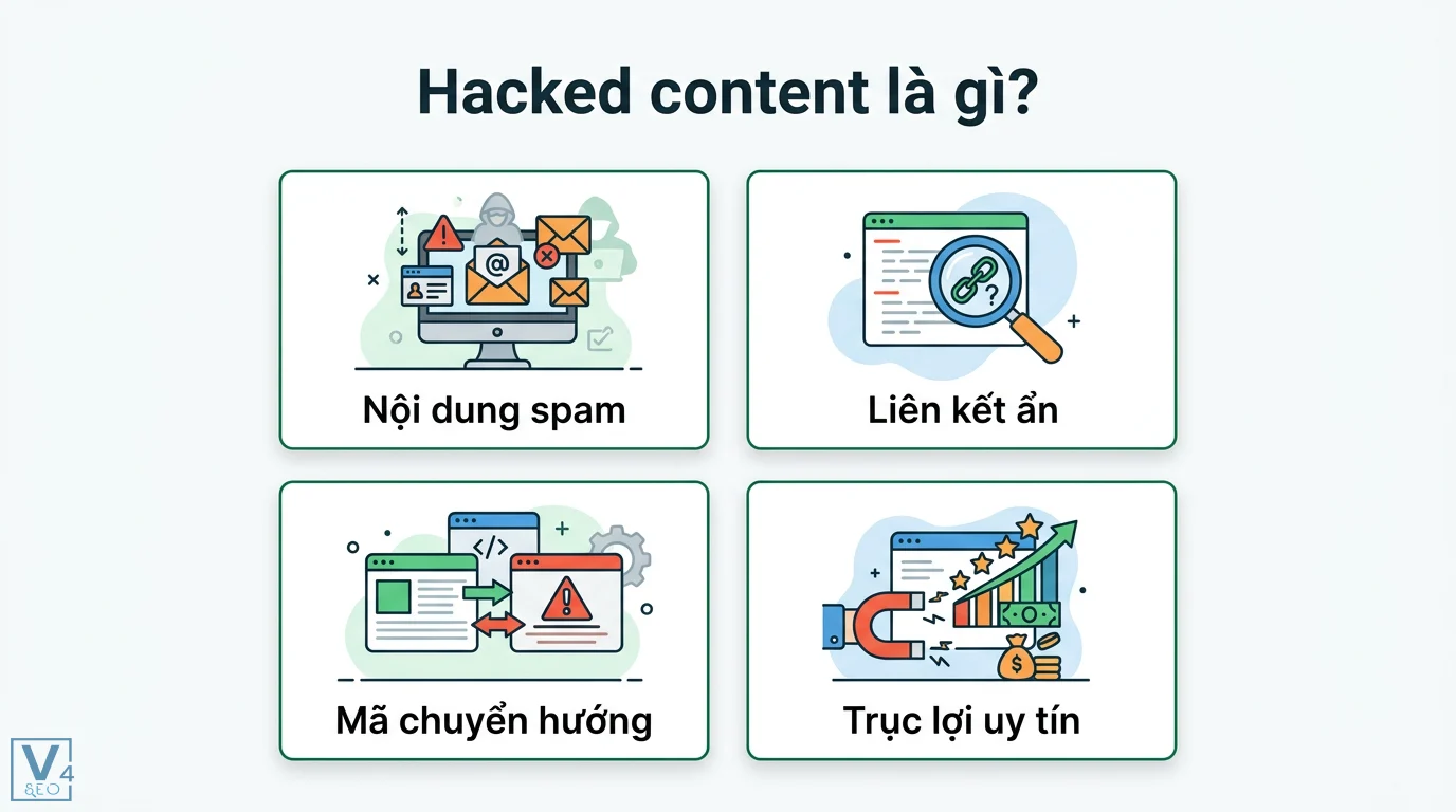 Hacked content là gì? Cách xử lý mã độc và bảo vệ SEO hiệu quả 1 Hacked content bao gồm nội dung spam, liên kết ẩn, mã chuyển hướng và hành vi trục lợi uy tín website thông qua các lỗ hổng bảo mật