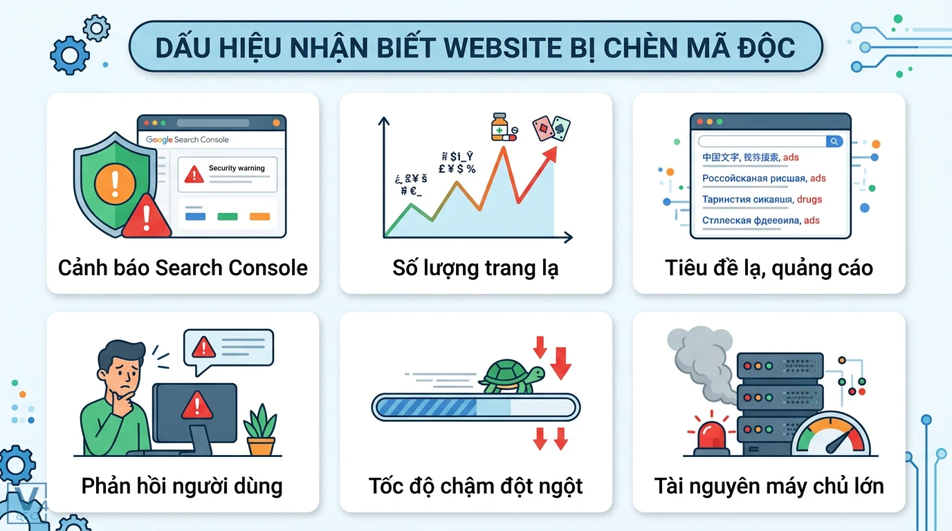 Hacked content là gì? Cách xử lý mã độc và bảo vệ SEO hiệu quả 2 Dấu hiệu website bị chèn mã độc qua cảnh báo Search Console, tăng trang lạ, tiêu đề lạ, phản hồi người dùng, tốc độ chậm và quá tải máy chủ