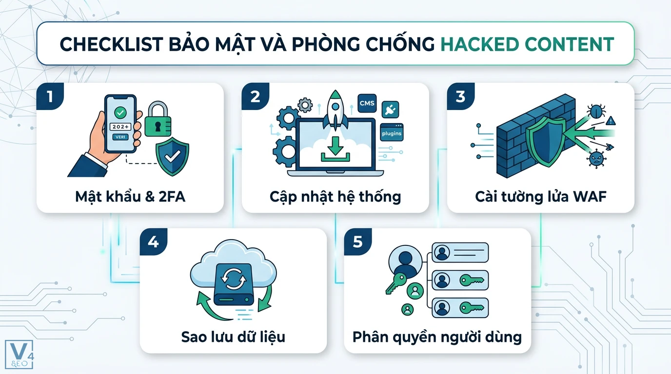 Hacked content là gì? Cách xử lý mã độc và bảo vệ SEO hiệu quả 3 Checklist bảo mật website phòng chống hacked content với 2FA, cập nhật hệ thống, tường lửa WAF, sao lưu dữ liệu và phân quyền quản trị
