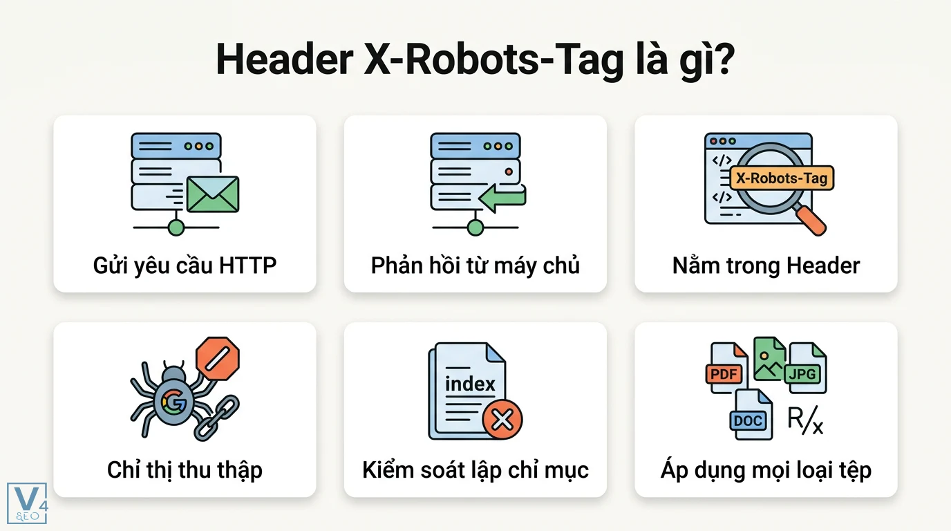 Header X-Robots-Tag là gì? Cách cấu hình trên Apache và NGINX 1 Header X-Robots-Tag trong phản hồi HTTP giúp máy chủ gửi chỉ thị thu thập và kiểm soát lập chỉ mục cho mọi loại tệp như PDF, JPG và DOC