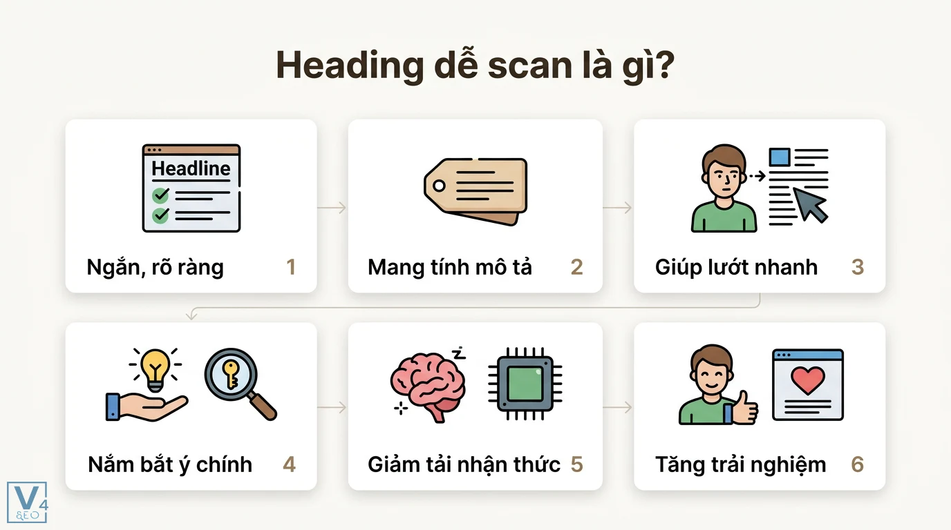 Heading dễ scan là gì? Cách tối ưu thẻ H1-H6 chuẩn UX và SEO Onpage 1 Heading dễ scan ngắn gọn, rõ ràng và mang tính mô tả giúp nắm bắt ý chính nhanh chóng, giảm tải nhận thức và tăng trải nghiệm người dùng