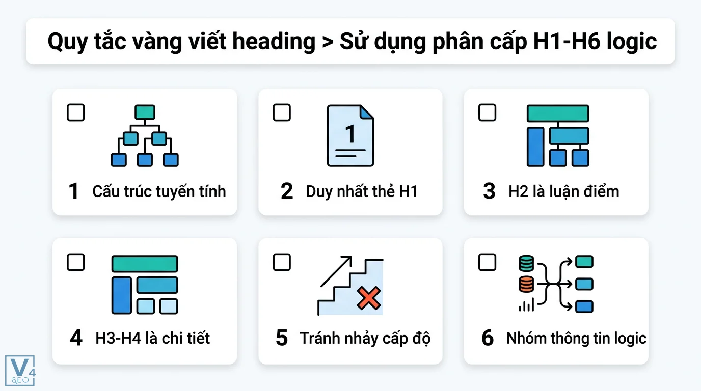 Heading dễ scan là gì? Cách tối ưu thẻ H1-H6 chuẩn UX và SEO Onpage 2 Phân cấp thẻ H1-H6 logic chuẩn SEO gồm cấu trúc tuyến tính, duy nhất thẻ H1, H2 luận điểm, H3-H4 chi tiết, tránh nhảy cấp và nhóm thông tin