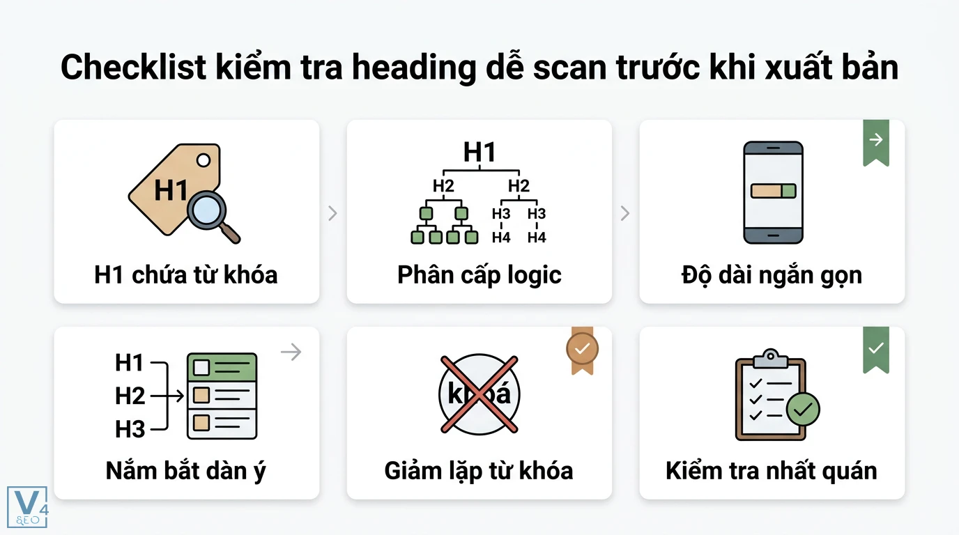 Heading dễ scan là gì? Cách tối ưu thẻ H1-H6 chuẩn UX và SEO Onpage 3 Checklist kiểm tra heading dễ scan gồm phân cấp logic, H1 chứa từ khóa, tối ưu độ dài và giảm lặp từ khóa giúp nắm bắt nhanh dàn ý bài viết