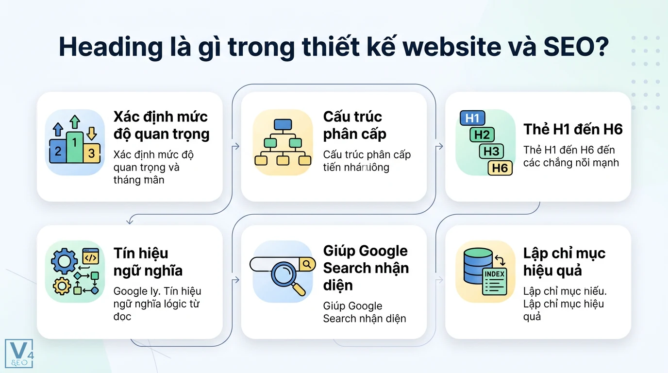 Heading H2 H3 là gì? Cách tối ưu cấu trúc nội dung chuẩn SEO 1 Thẻ heading H1 đến H6 xác định mức độ quan trọng và cấu trúc phân cấp nội dung tạo tín hiệu ngữ nghĩa giúp Google Search lập chỉ mục hiệu quả