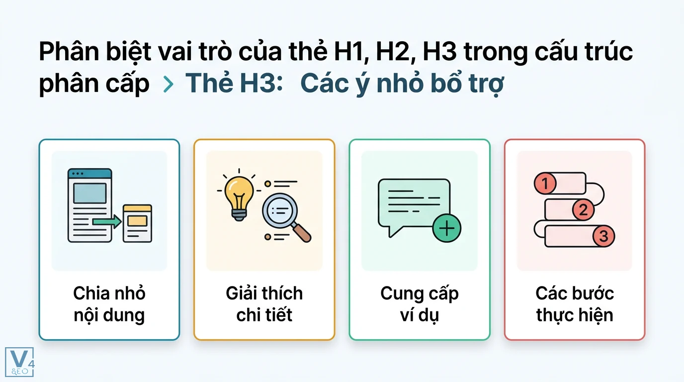 Heading H2 H3 là gì? Cách tối ưu cấu trúc nội dung chuẩn SEO 2 Vai trò thẻ H3 trong cấu trúc phân cấp giúp chia nhỏ nội dung, giải thích chi tiết, cung cấp ví dụ và các bước thực hiện bổ trợ cho thẻ H2