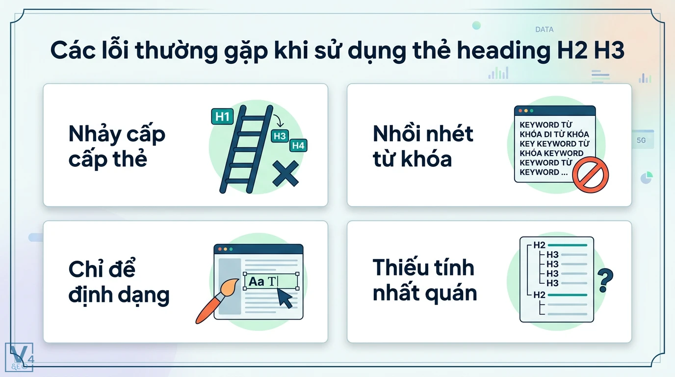 Heading H2 H3 là gì? Cách tối ưu cấu trúc nội dung chuẩn SEO 3 Các lỗi thường gặp khi sử dụng thẻ heading H2 H3 gồm nhảy cấp thẻ, nhồi nhét từ khóa, dùng để định dạng và cấu trúc SEO thiếu tính nhất quán