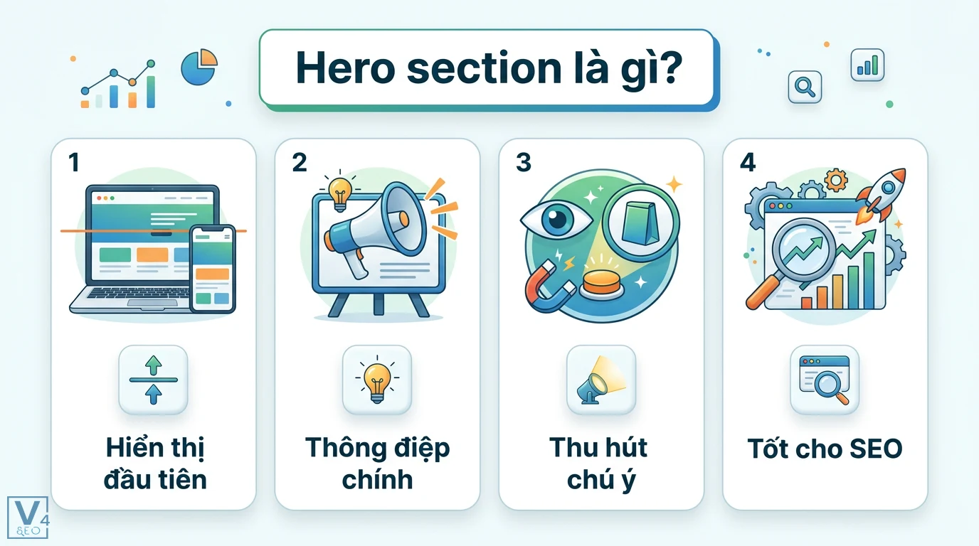 Hero section là gì? Bí quyết thiết kế chuẩn UX và checklist 2026 1 Hero section hiển thị thông điệp chính ngay đầu website giúp thu hút sự chú ý của người dùng và tối ưu hóa SEO cho trang web hiệu quả