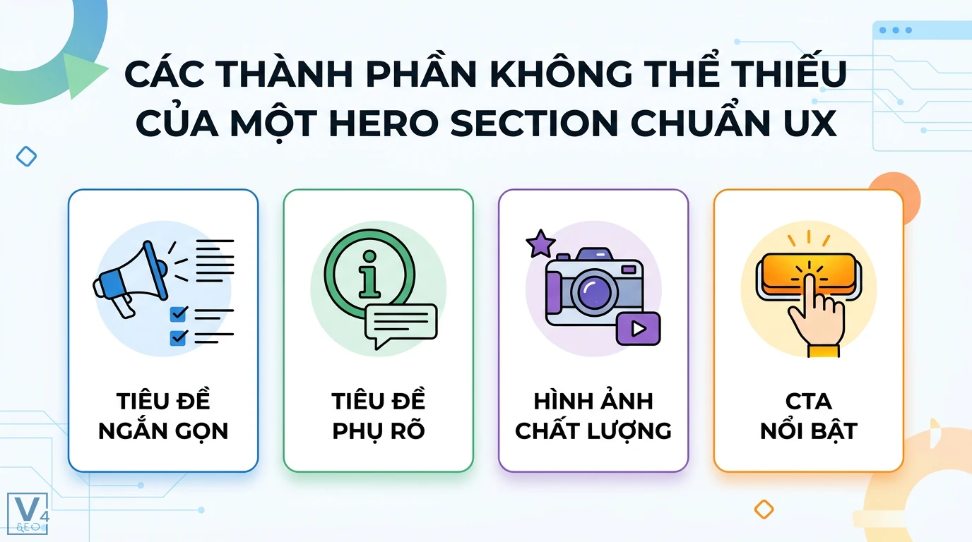 Hero section là gì? Bí quyết thiết kế chuẩn UX và checklist 2026 2 Hero section chuẩn UX gồm tiêu đề ngắn gọn, tiêu đề phụ rõ ràng, nội dung thị giác chất lượng và nút kêu gọi hành động CTA nổi bật