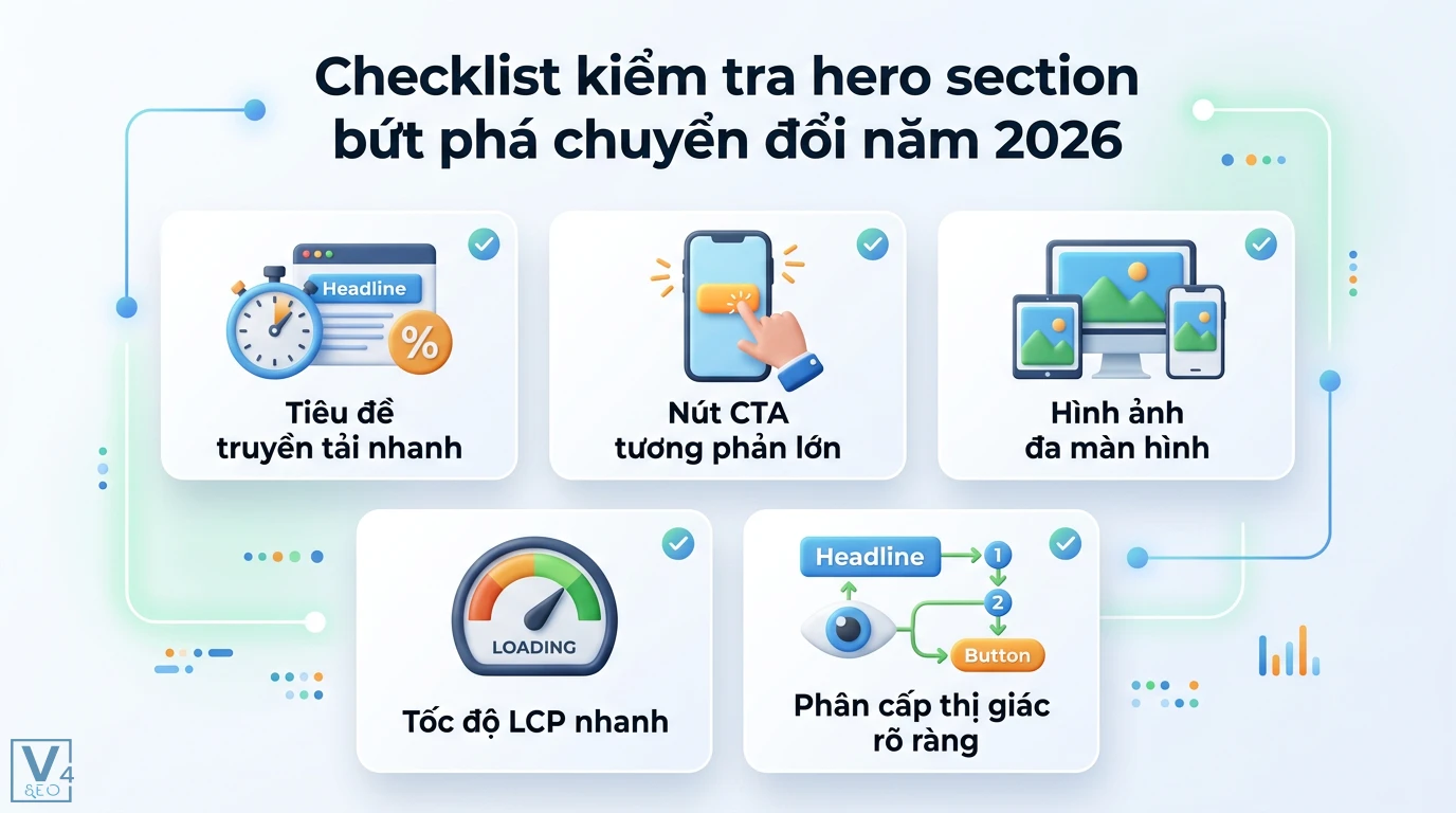 Hero section là gì? Bí quyết thiết kế chuẩn UX và checklist 2026 3 Checklist hero section bứt phá chuyển đổi 2026 gồm tiêu đề nhanh, nút CTA tương phản lớn, hiển thị đa thiết bị, tốc độ LCP và phân cấp thị giác