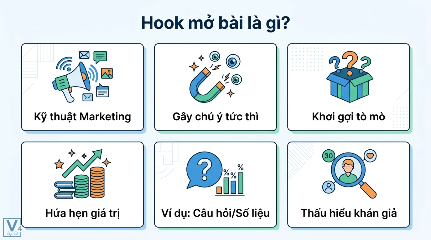 Hook mở bài là gì? 5 công thức và 50+ mẫu câu thực chiến đa kênh 1 Hook mở bài là kỹ thuật marketing gây chú ý tức thì, khơi gợi tò mò và hứa hẹn giá trị dựa trên sự thấu hiểu khán giả cùng số liệu thực tế