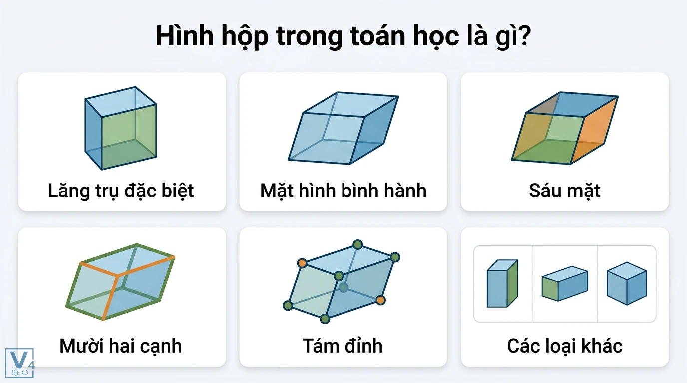 Hộp định nghĩa là gì? Ý nghĩa đời sống và tính chất hình học 1 Hình hộp trong toán học gồm lăng trụ đặc biệt, mặt hình bình hành, sáu mặt, mười hai cạnh, tám đỉnh cùng các dạng hình học như lập phương