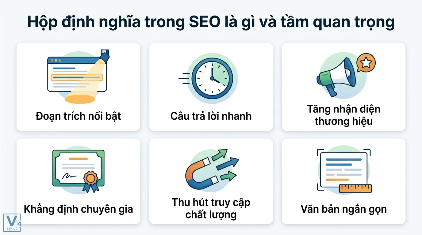 Hộp định nghĩa là gì? Ý nghĩa đời sống và tính chất hình học 2 Hộp định nghĩa SEO hiển thị đoạn trích nổi bật, câu trả lời nhanh, tăng nhận diện thương hiệu, khẳng định chuyên gia và thu hút truy cập