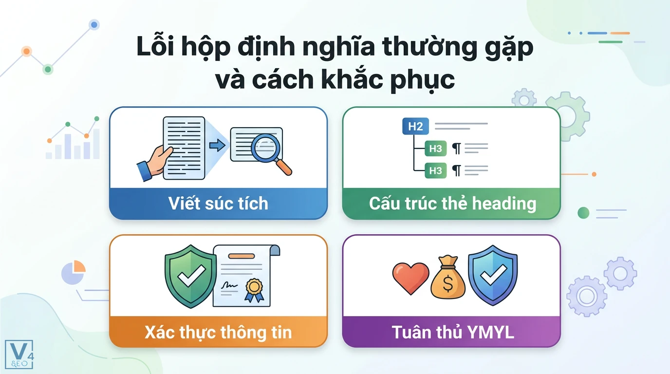 Hộp định nghĩa là gì? Ý nghĩa đời sống và tính chất hình học 3 Cách khắc phục lỗi hộp định nghĩa qua việc viết súc tích, tối ưu cấu trúc thẻ heading H2 H3, xác thực thông tin và tuân thủ YMYL