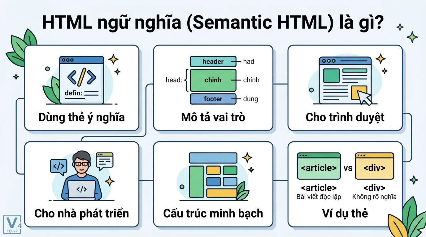 HTML ngữ nghĩa là gì? Hướng dẫn dùng Semantic HTML5 chuẩn W3C 1 HTML ngữ nghĩa mô tả vai trò nội dung cho trình duyệt và nhà phát triển bằng các thẻ như article nhằm tạo cấu trúc website minh bạch