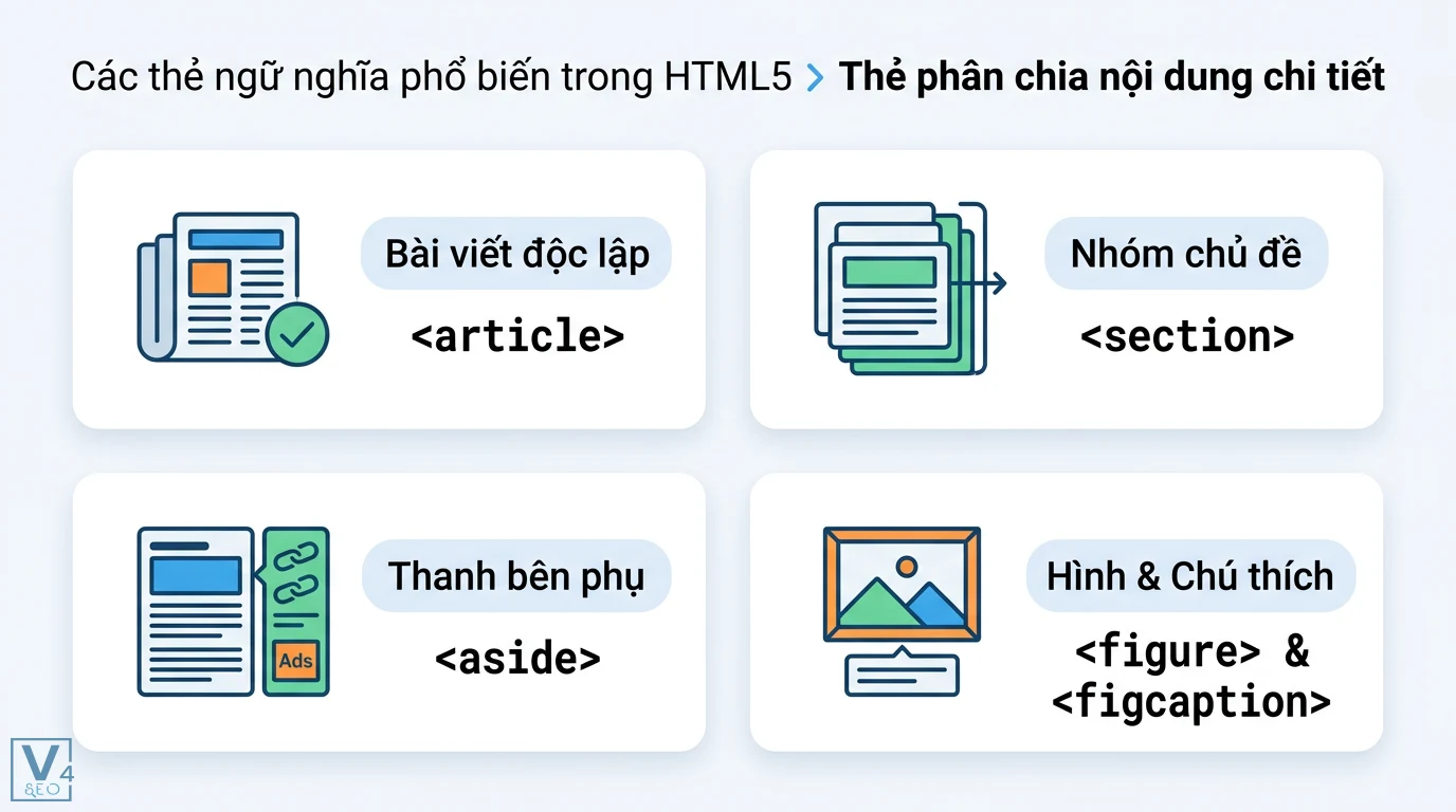HTML ngữ nghĩa là gì? Hướng dẫn dùng Semantic HTML5 chuẩn W3C 2 Phân chia nội dung chi tiết trong HTML5 gồm thẻ article bài viết độc lập section nhóm chủ đề aside thanh bên phụ và figure kèm figcaption