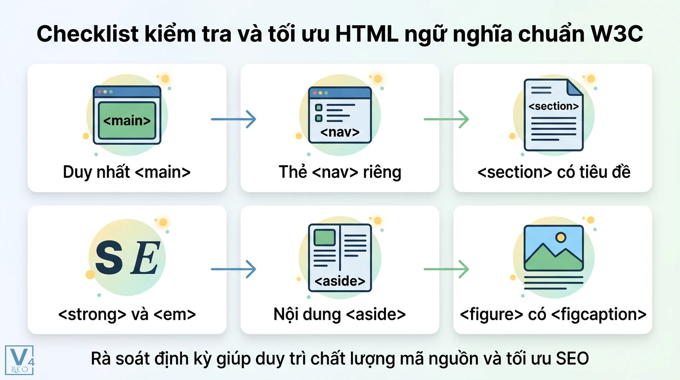 HTML ngữ nghĩa là gì? Hướng dẫn dùng Semantic HTML5 chuẩn W3C 3 Checklist tối ưu HTML ngữ nghĩa chuẩn W3C gồm thẻ main, nav, section, strong, em, aside và figure giúp duy trì chất lượng mã nguồn và SEO