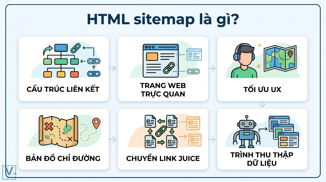 HTML sitemap là gì? Phân biệt với XML và cách tối ưu chuẩn UX 1 HTML sitemap tổ chức cấu trúc liên kết trực quan giúp tối ưu UX, điều hướng người dùng, chuyển link juice và hỗ trợ trình thu thập dữ liệu