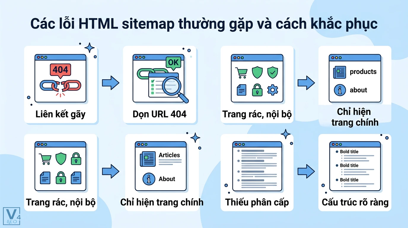 HTML sitemap là gì? Phân biệt với XML và cách tối ưu chuẩn UX 3 Khắc phục lỗi HTML sitemap bằng cách xử lý liên kết gãy 404, ưu tiên hiển thị trang chính và xây dựng cấu trúc phân cấp thông tin rõ ràng