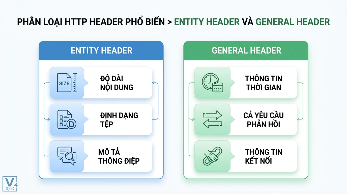 HTTP header là gì? Chi tiết về Request, Response và bảo mật 2 Phân loại HTTP header gồm Entity header mô tả độ dài, định dạng tệp và General header cung cấp thông tin thời gian, kết nối của thông điệp
