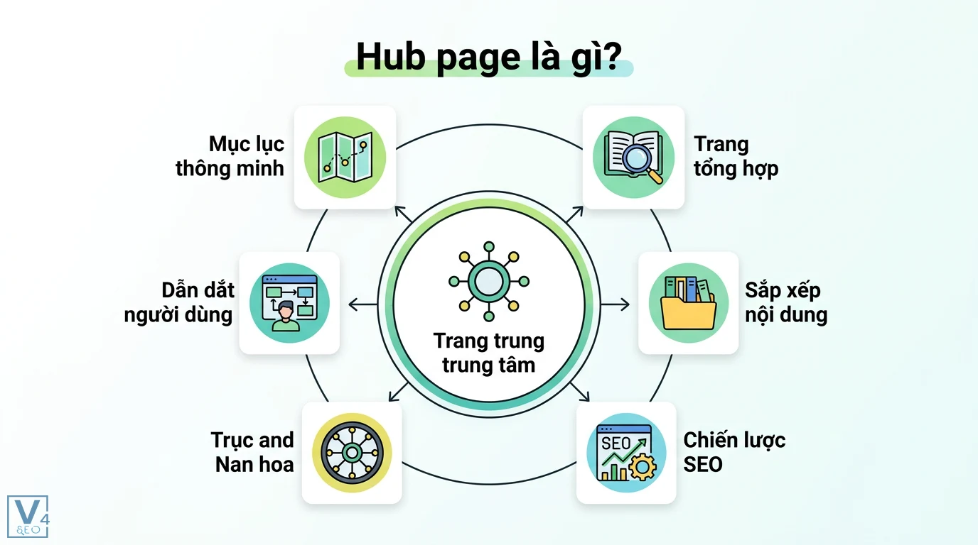 Hub page là gì? Cách xây dựng mô hình Content Hub đột phá SEO 1 Hub page là trang trung tâm, mục lục thông minh giúp dẫn dắt người dùng và sắp xếp nội dung trong chiến lược SEO theo mô hình trục nan hoa