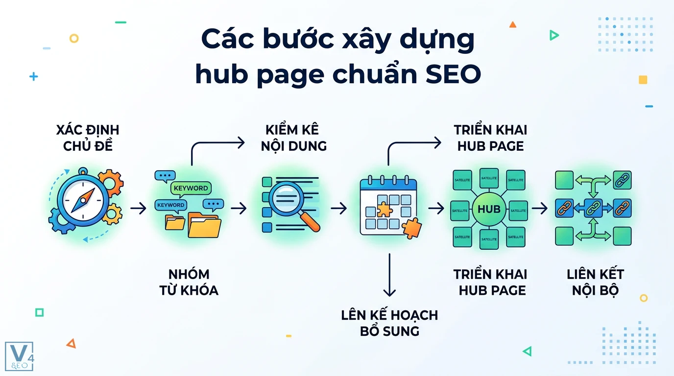 Hub page là gì? Cách xây dựng mô hình Content Hub đột phá SEO 2 Các bước xây dựng hub page chuẩn SEO gồm xác định chủ đề, nhóm từ khóa, kiểm kê nội dung, lên kế hoạch bổ sung và tối ưu liên kết nội bộ