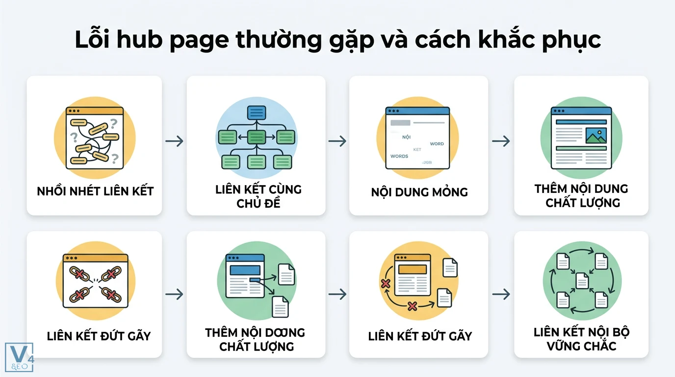 Hub page là gì? Cách xây dựng mô hình Content Hub đột phá SEO 3 Các lỗi hub page như nhồi nhét liên kết, nội dung mỏng, liên kết đứt gãy và giải pháp tối ưu nội dung chất lượng, liên kết nội bộ