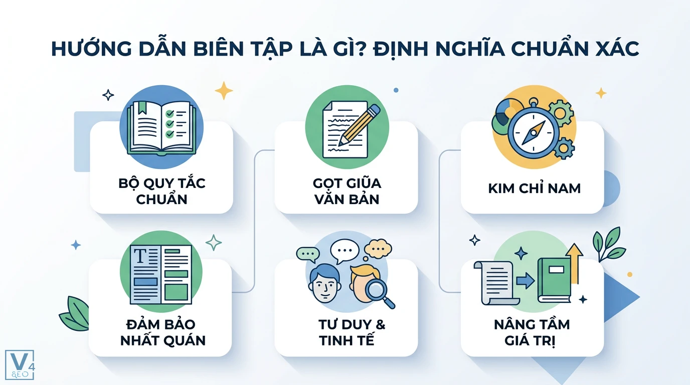 Hướng dẫn biên tập là gì? Quy trình xử lý bản thảo chuyên nghiệp 1 Hướng dẫn biên tập là bộ quy tắc chuẩn, kim chỉ nam gọt giũa văn bản và đảm bảo tính nhất quán để nâng tầm giá trị cho mọi tác phẩm hoàn chỉnh