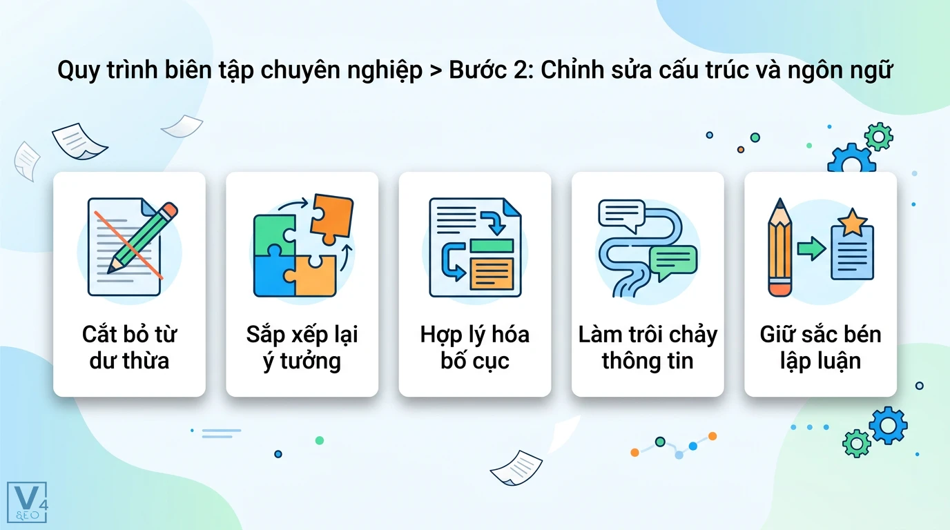Hướng dẫn biên tập là gì? Quy trình xử lý bản thảo chuyên nghiệp 2 Chỉnh sửa cấu trúc và ngôn ngữ bằng cách cắt bỏ từ dư thừa, sắp xếp lại ý tưởng, làm trôi chảy thông tin và giữ vững sắc bén của lập luận