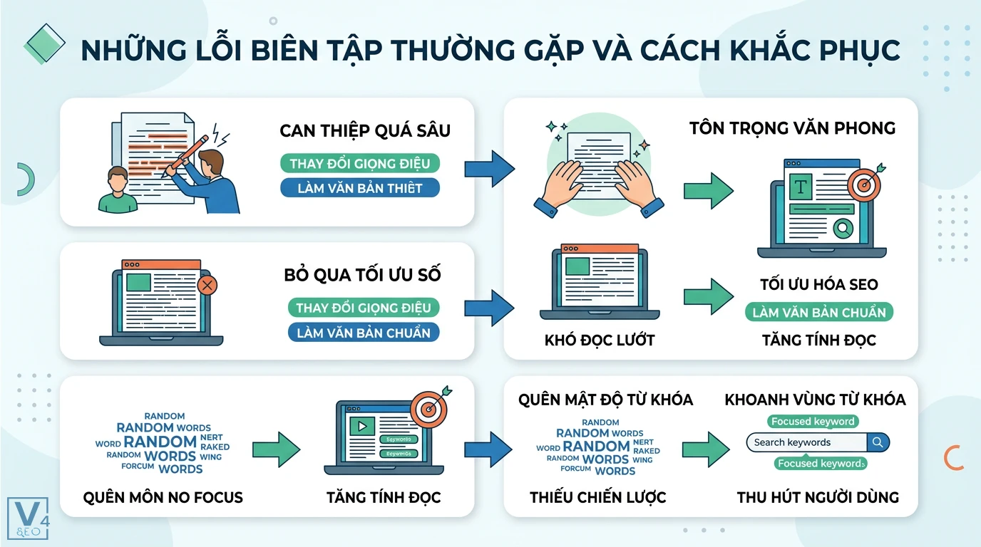 Hướng dẫn biên tập là gì? Quy trình xử lý bản thảo chuyên nghiệp 3 Lỗi biên tập thường gặp và cách khắc phục bằng việc tôn trọng văn phong tác giả, tối ưu hóa SEO bài viết, mật độ từ khóa và khả năng đọc lướt