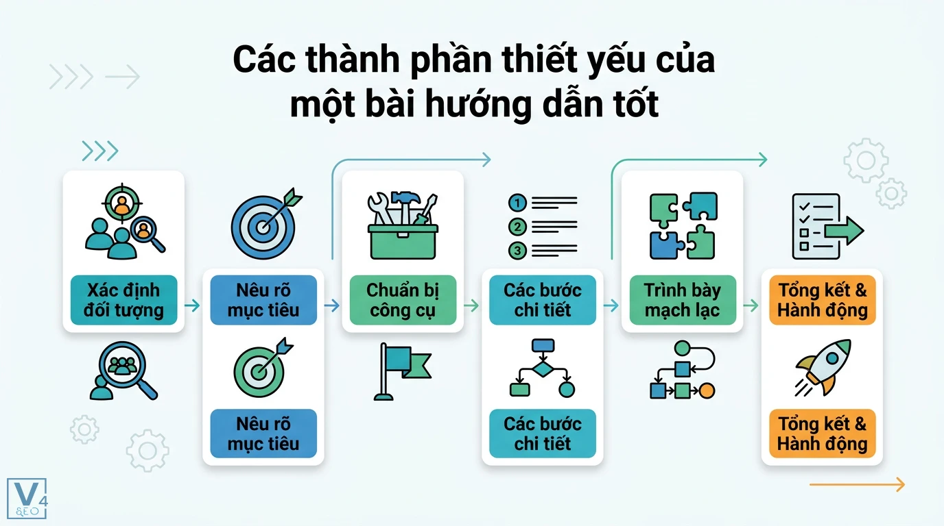 Hướng dẫn cho người mới là gì? Cách tạo tài liệu nhập môn hiệu quả 2 Các thành phần thiết yếu của một bài hướng dẫn tốt gồm xác định đối tượng, mục tiêu, chuẩn bị công cụ, các bước chi tiết và hành động
