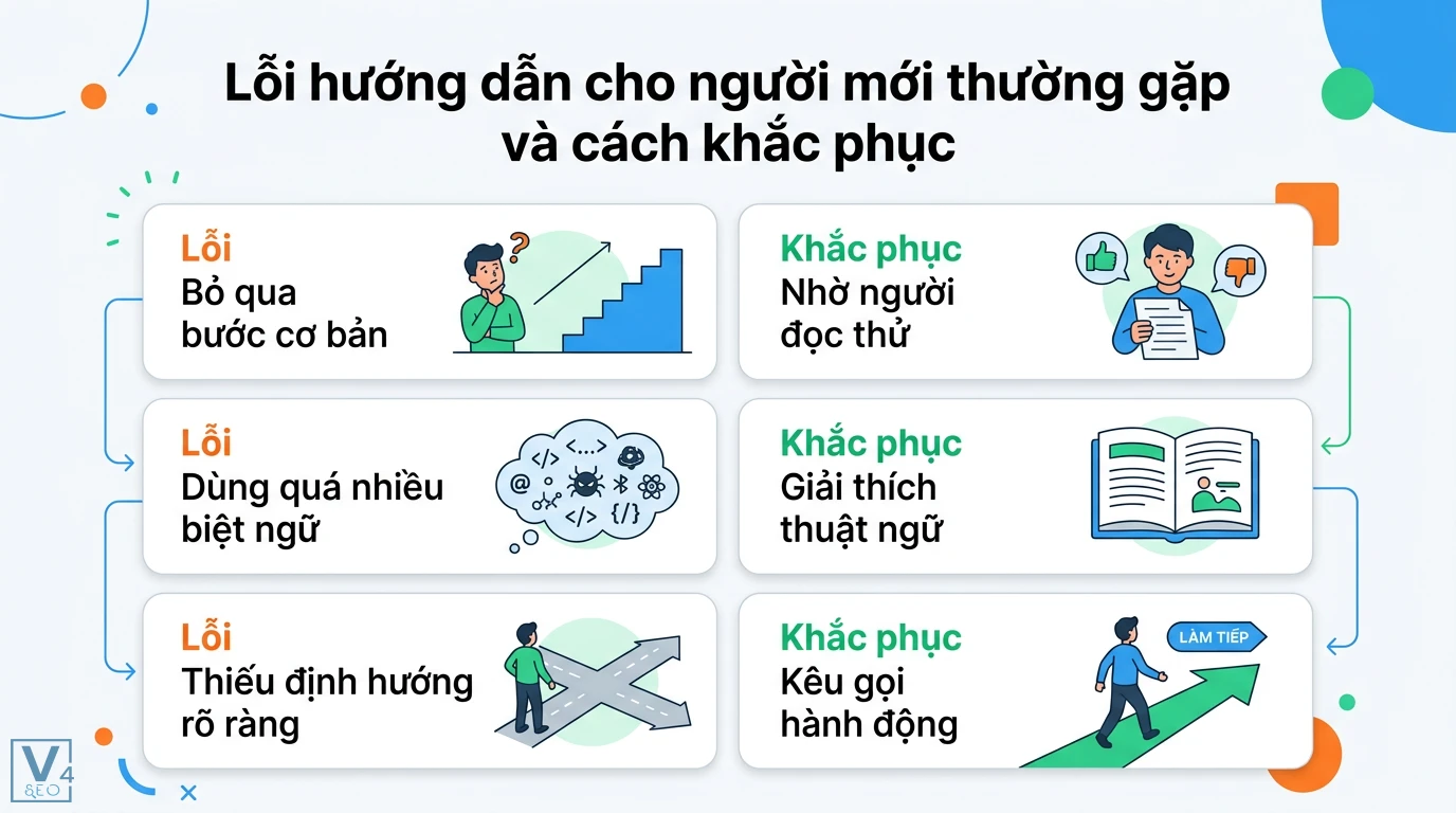 Hướng dẫn cho người mới là gì? Cách tạo tài liệu nhập môn hiệu quả 3 Lỗi hướng dẫn cho người mới thường gặp và cách khắc phục qua việc giải thích biệt ngữ, nhờ người đọc thử và bổ sung định hướng rõ ràng