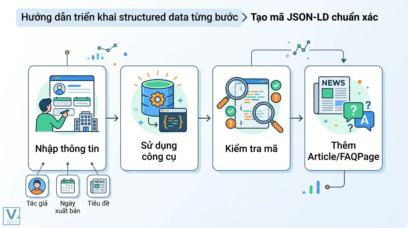 Hướng dẫn structured data là gì: Cách cài Schema JSON-LD chi tiết 2 Cách tạo mã JSON-LD chuẩn xác qua việc nhập thông tin tác giả, ngày xuất bản, dùng công cụ kiểm tra và thêm Schema Article hoặc FAQPage