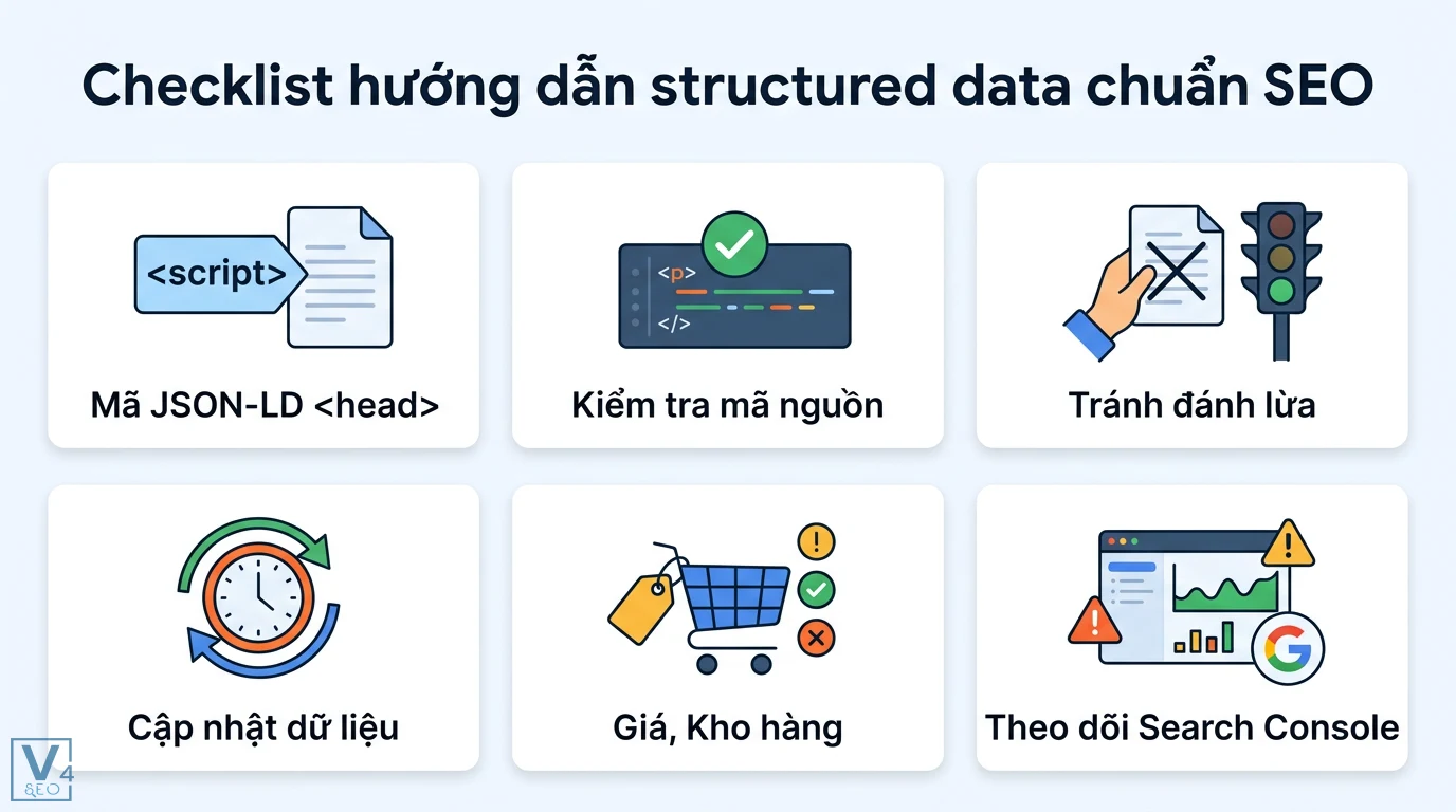 Hướng dẫn structured data là gì: Cách cài Schema JSON-LD chi tiết 3 Checklist hướng dẫn structured data chuẩn SEO gồm tối ưu mã JSON-LD, kiểm tra mã nguồn, cập nhật dữ liệu và theo dõi Google Search Console
