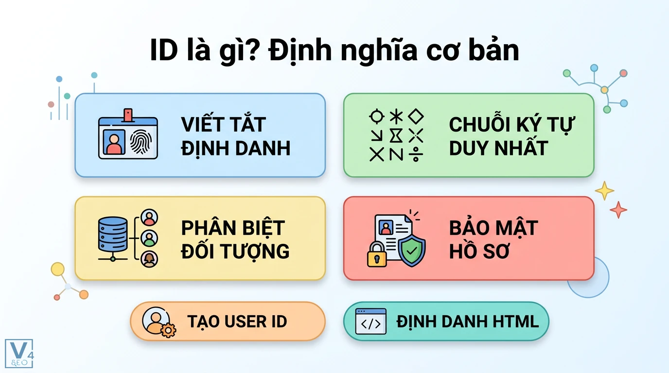 @id là gì? Ý nghĩa của ID và vai trò thuộc tính @id trong JSON-LD 1 ID là chuỗi ký tự định danh duy nhất giúp phân biệt đối tượng, bảo mật hồ sơ người dùng, quản lý User ID và nhận diện các phần tử HTML