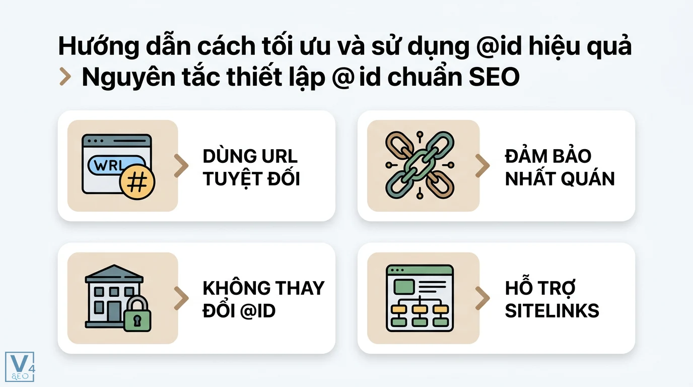 @id là gì? Ý nghĩa của ID và vai trò thuộc tính @id trong JSON-LD 2 Nguyên tắc thiết lập @id chuẩn SEO gồm dùng URL tuyệt đối, đảm bảo tính nhất quán, không thay đổi định danh và hỗ trợ hiển thị sitelinks