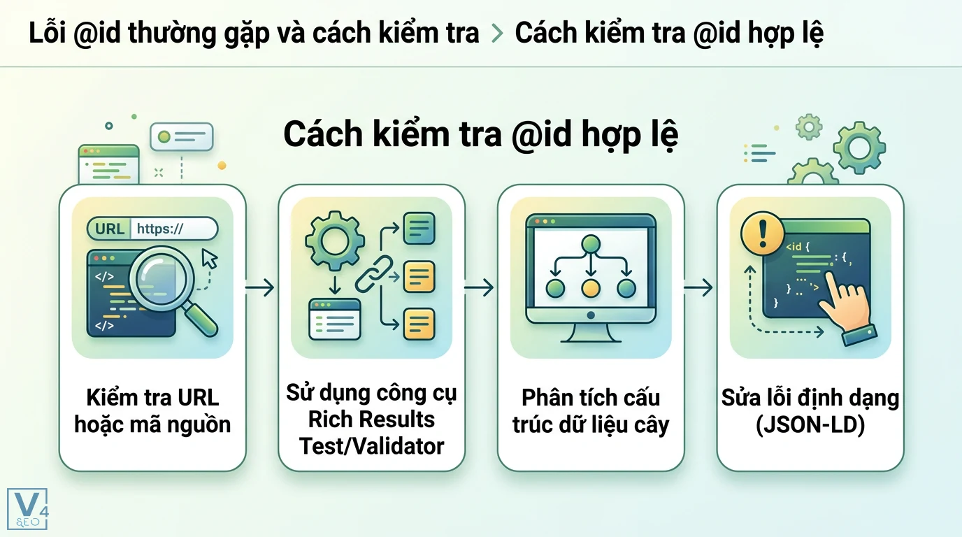 @id là gì? Ý nghĩa của ID và vai trò thuộc tính @id trong JSON-LD 3 Cách kiểm tra @id hợp lệ bằng Rich Results Test và Validator nhằm phân tích cấu trúc cây dữ liệu để sửa lỗi định dạng JSON-LD