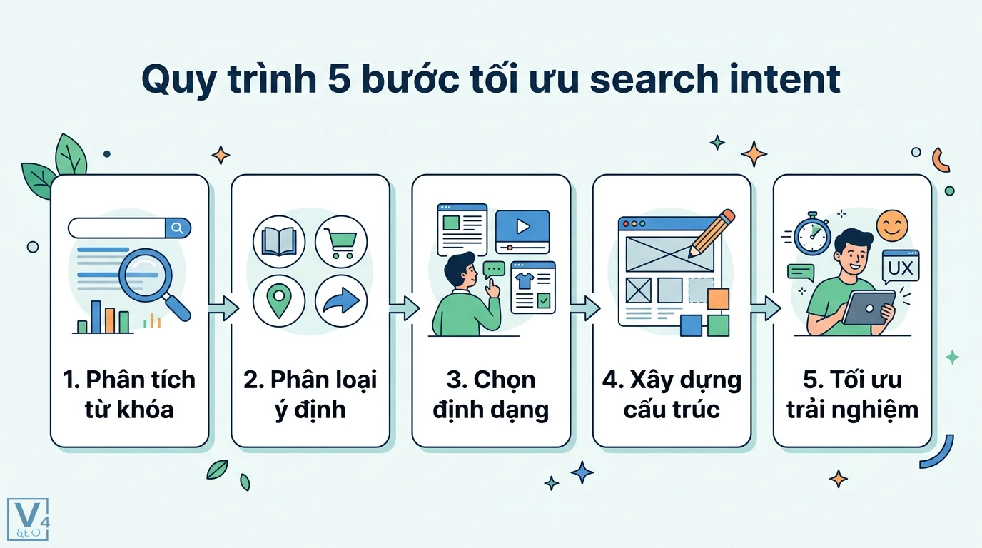 Intent của content là gì? 5 bước xác định và tối ưu Search Intent 2 Quy trình 5 bước tối ưu search intent gồm phân tích từ khóa, phân loại ý định, chọn định dạng, xây dựng cấu trúc và tối ưu trải nghiệm